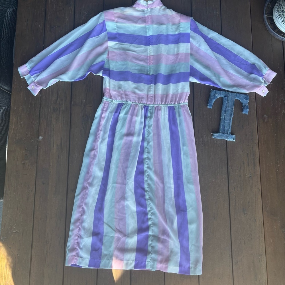 Vintage 80s Pastel Striped Midi Dress – High Neck Modest Style – Size M/L - Picture 4 of 5